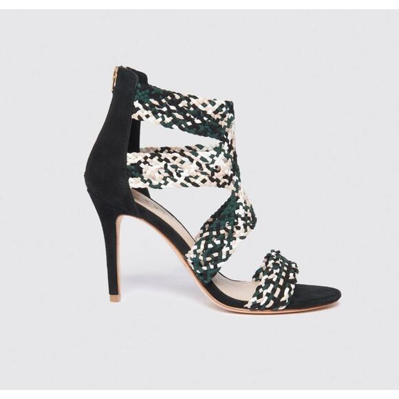 NEW Sandro Agate Vert Sapin Green Black Woven Strap Open Toe Heel Sandal 38 - Picture 2 of 10